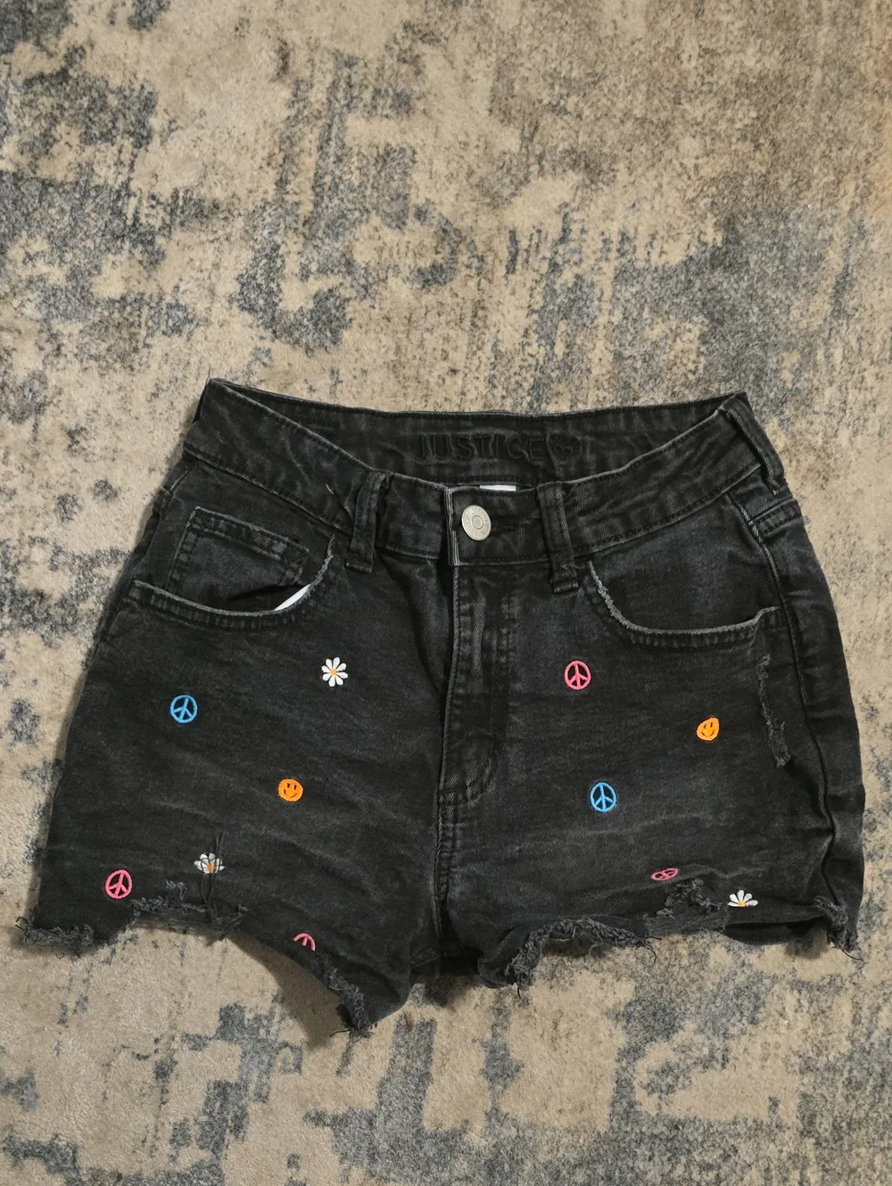 Justice Black Denim Shorts with Colorful Embroidered Icons